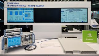 Test bed for AI/ML-based neural receiver with NVIDIA at MWC Barcelona. (Image: Rohde & Schwarz)