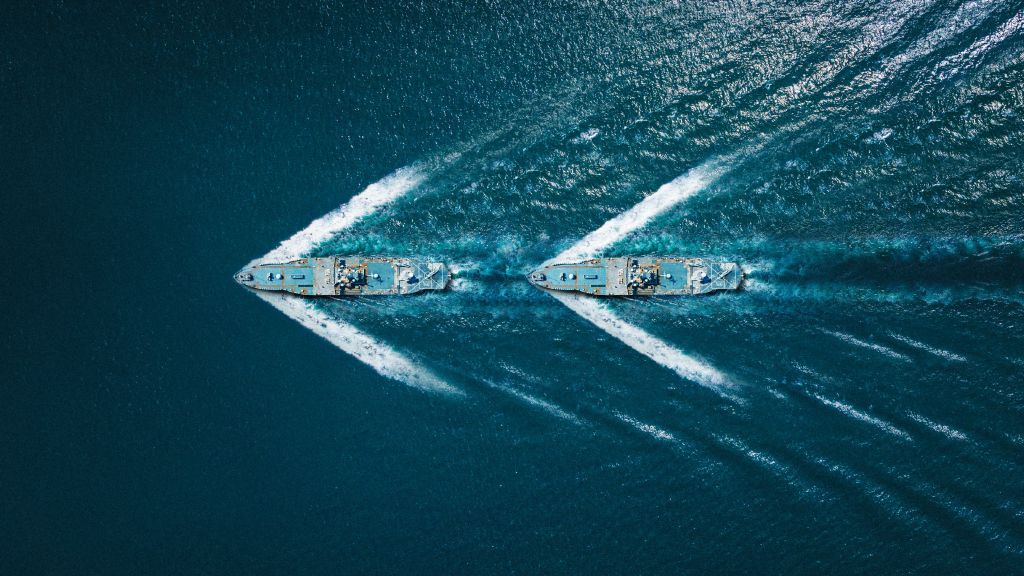 top view: 2 warships at sea 