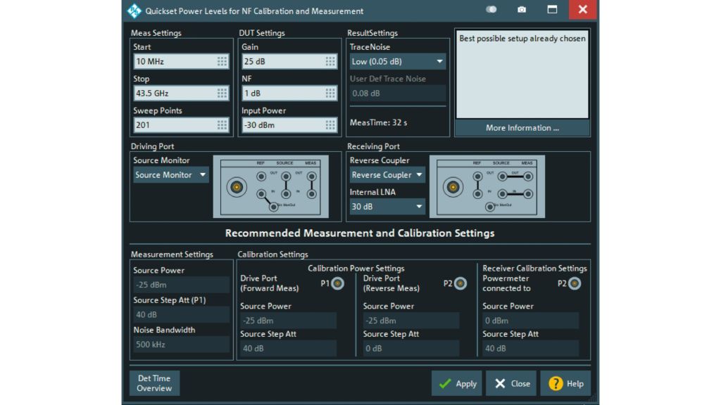 „Quickset“-Rauschzahlmenü mit Empfehlungen für die optimale Messkonfiguration mit verfügbaren Gerätehardware-Konfigurationen und Messbedingungen.