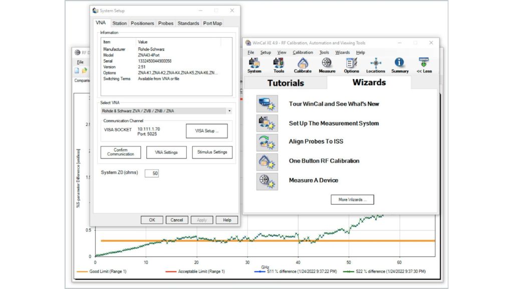 Le R&S®ZNA43 sélectionné comme VNA dans le logiciel FormFactor WinCal XE.
