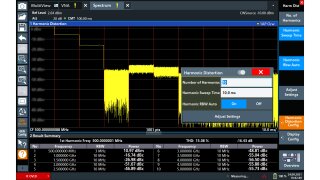 The first ten harmonics of a 500 MHz carrier are conveniently shown with the “harmonic distortion” measurement. The result summary table lists their frequency and power level. The CW generator can be operated from the toolbar on the left of the screen.