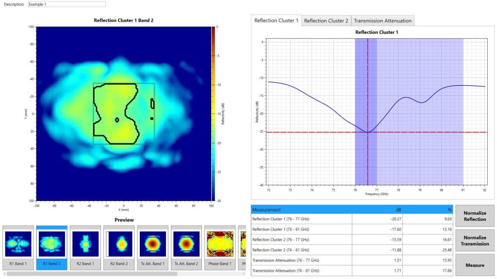 The R&S®QAR50 shows measured values for reflections, transmission loss, as well as phase masks and reflection image. The measurement results allow for easy comparison to VNAs, which are used as a reference in R&D. 