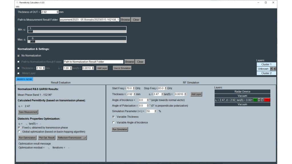 Fig. 2: The base layer is loaded into the permittivity calculator. The calculated permittivity due to the phase change of approximately 153° at 76.5 GHz is εr = 2.47.