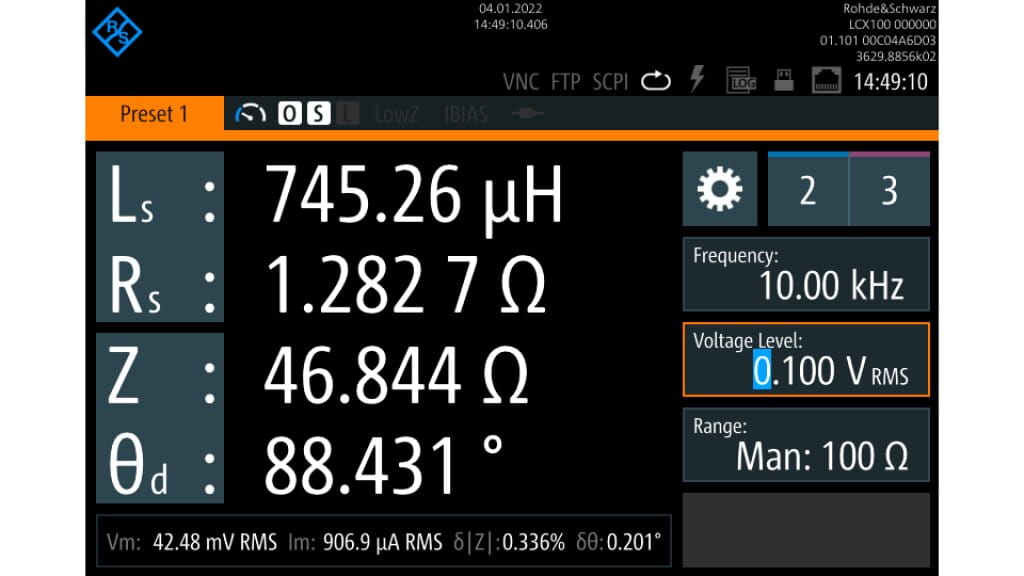 Primary inductance measurement at 10 kHz and 100 mV (RMS)