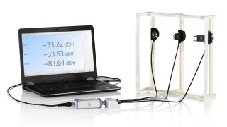 OTA power sensor setup using three R&S®NRPM-A90 antenna modules, an R&S®NRMP-Z3 interface module, an R&S®NRPM3 sensor module and an R& S®NRP-ZKU USB interface cable (for the direct readout of the signal with a monitoring PC)