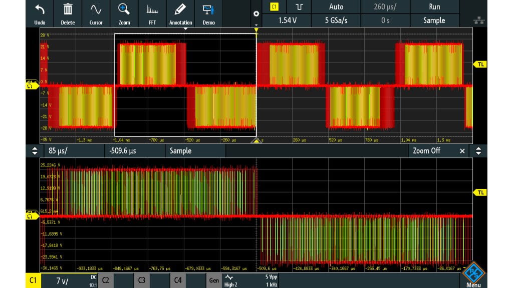 Bipolar PWM signal captured with width trigger on negative going pulse