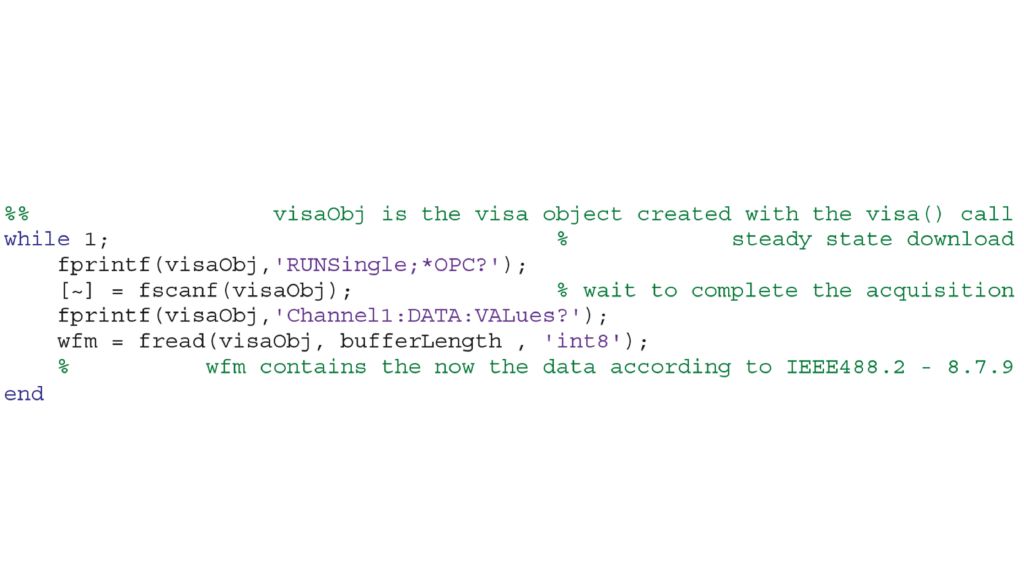 MATLAB®에서 채널 1의 SCPI 다운로드 예.
