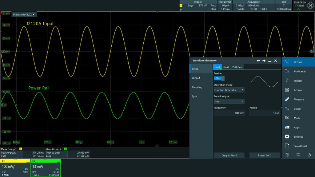 Nivelación de la interferencia de las líneas de alimentación inyectadas a 10 mV RMS. Se utiliza un atenuador de 20 dB en la salida del generador de formas de ondas R&S®RTP-B6 para una mayor resolución.