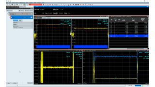 Fig. 4: Main analysis view of the R&S®VSE-K6A multichannel pulse analysis option. The phase difference can be determined either via markers (bottom right window) or from the values in the results table (top right window).