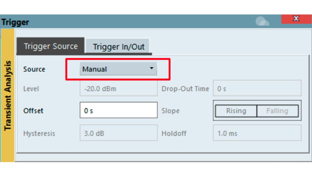 Fig. 1: Configuration of the manual trigger mode in R&S®VSE-K60 transient analysis option.