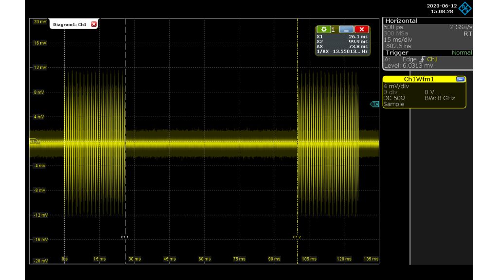 Fig. 4: Using cursors to measure the chirp sequence and off-time.