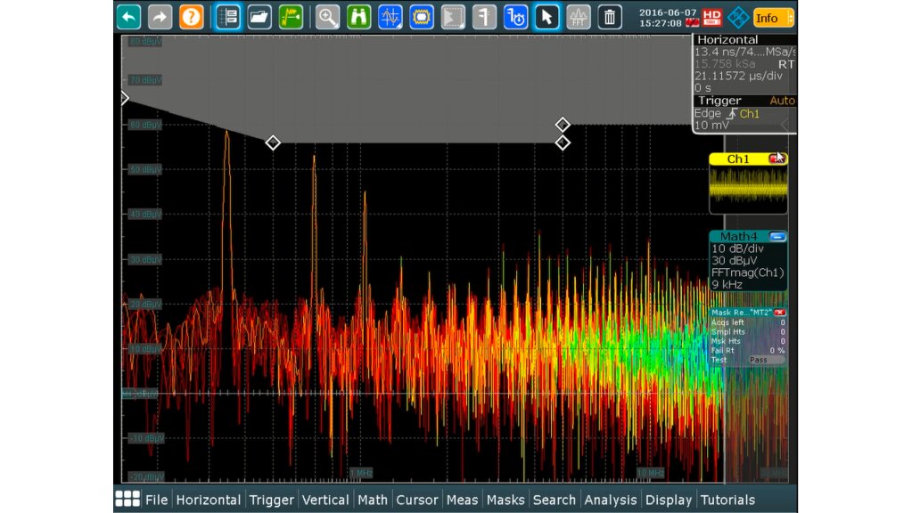 Conducted emission test with a mask defined in the spectrum.