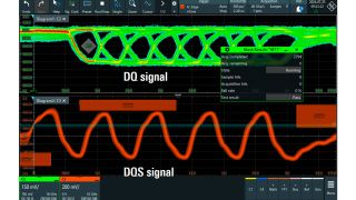 Mask test applied to a continuously running WRITE acquisition. On the DQ signal, a color table is applied to visualize the statistical distribution of the DQ data signal.