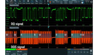 DDR4 DQ (C2: green) and DQS (C3: orange) signals with READ and WRITE bursts. In this example, a visual distinction between READ/WRITE bursts is possible based on the amplitude. (R: READ; W: WRITE)