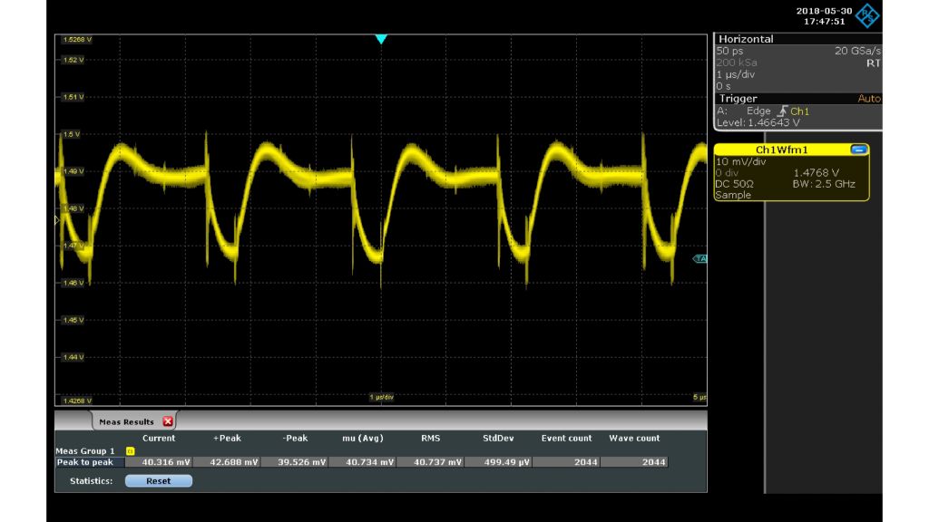 Messung einer 1,5-V-Stromversorgung mit einem R&S®RT-ZP10 passivem Tastkopf, 500 MHz Bandbreite, Teilerverhältnis 10:1 (50 mV (Uss); Rauschen verbirgt Signaldetails) Messung einer 1,5-V-Stromversorgung mit einem R&S®RT-ZP10 passivem Tastkopf, 500 MHz Bandbreite, Teilerverhältnis 10:1 (50 mV (Uss); Rauschen verbirgt Signaldetails)