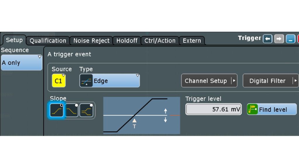 On the oscilloscope, set an edge trigger in the oscilloscope channel measuring the victim radar.