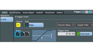On the oscilloscope, set an edge trigger in the oscilloscope channel measuring the victim radar.