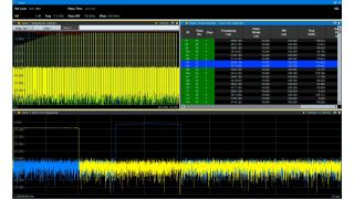 The example shows segment 52 from oscilloscope channels 1 and 3. The Pulse Magnitude display (bottom) shows the victim radar pulse (yellow) and the jamming pulse (blue).