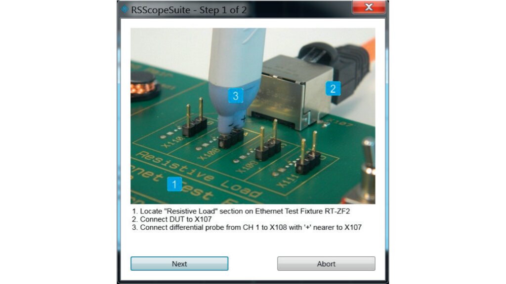 Test wizard with explanation of how to correctly connect to the test fixture. Test wizard with explanation of how to correctly connect to the test fixture.