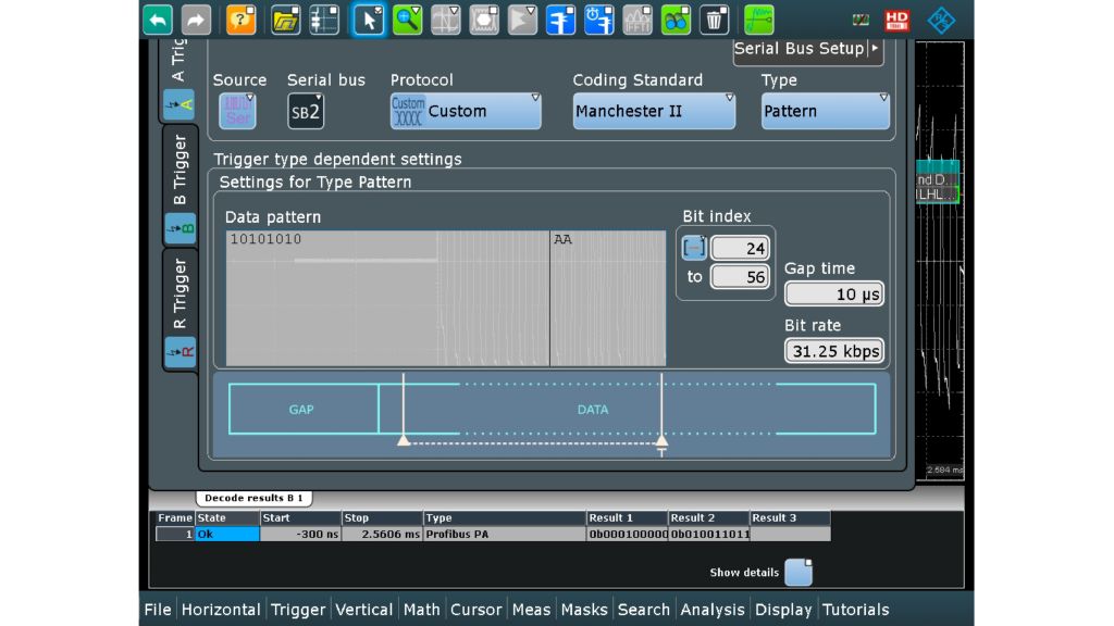Fig. 4: Finestra di dialogo dell'impostazione del trigger che mostra la capacità di trigger del pattern seriale impostata per un trigger specifico nel campo dati del telegramma Profibus PA.