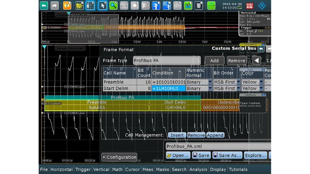 Fig. 3: Finestra di dialogo del frame di protocollo con frame Profibus PA parzialmente definito (preambolo, delimitatore di inizio). Le parti rimanenti del telegramma non sono ancora descritte nella finestra di dialogo del frame.