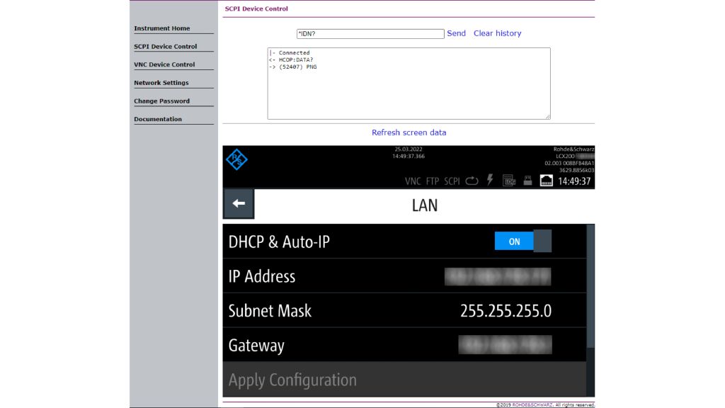 Page de contrôle de l'appareil SCPI
