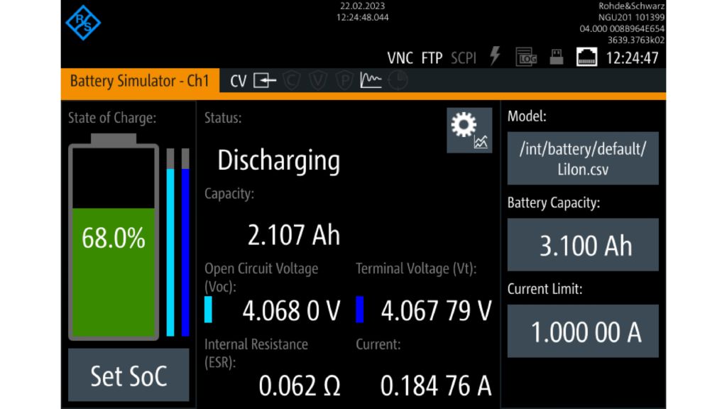 User interface of the battery simulation in the R&S®NGU201