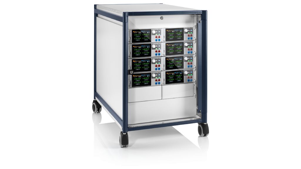 Arrangement with eight R&S®NGM202 two-channel power supplies for simulation of up to sixteen battery cells as used in a 48 V system
