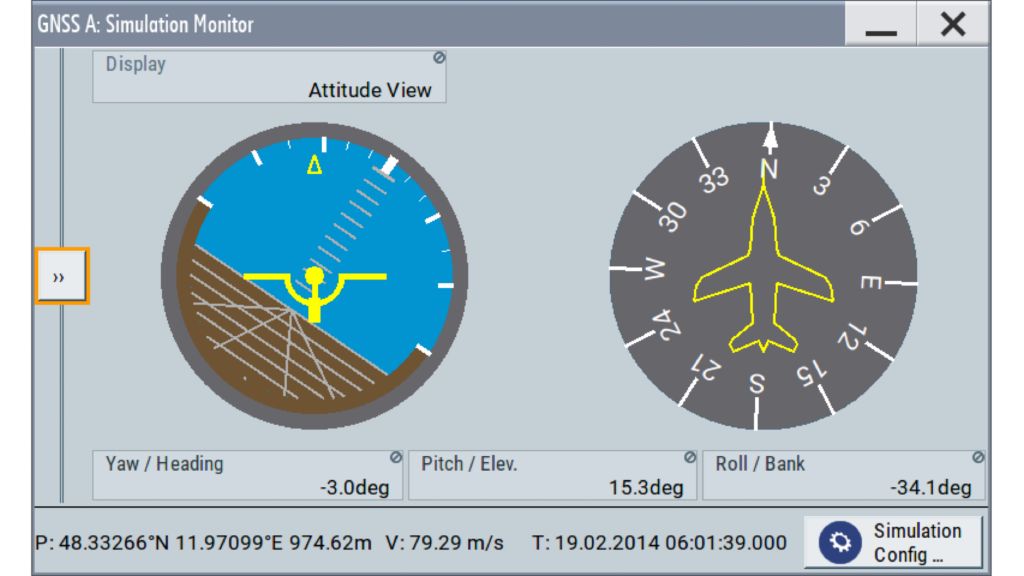 Bedienoberfläche des GNSS-Simulators: sofortige Anzeige der Fluglage
